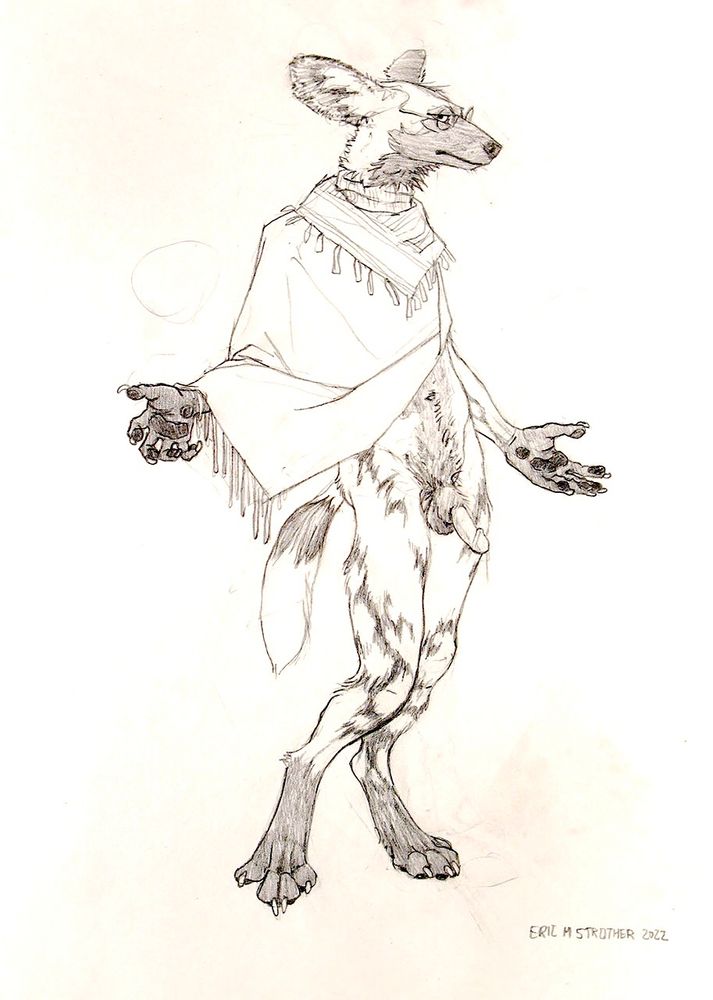 Partially clothed anthro wild dog with glasses. Standing, palms facing upwards