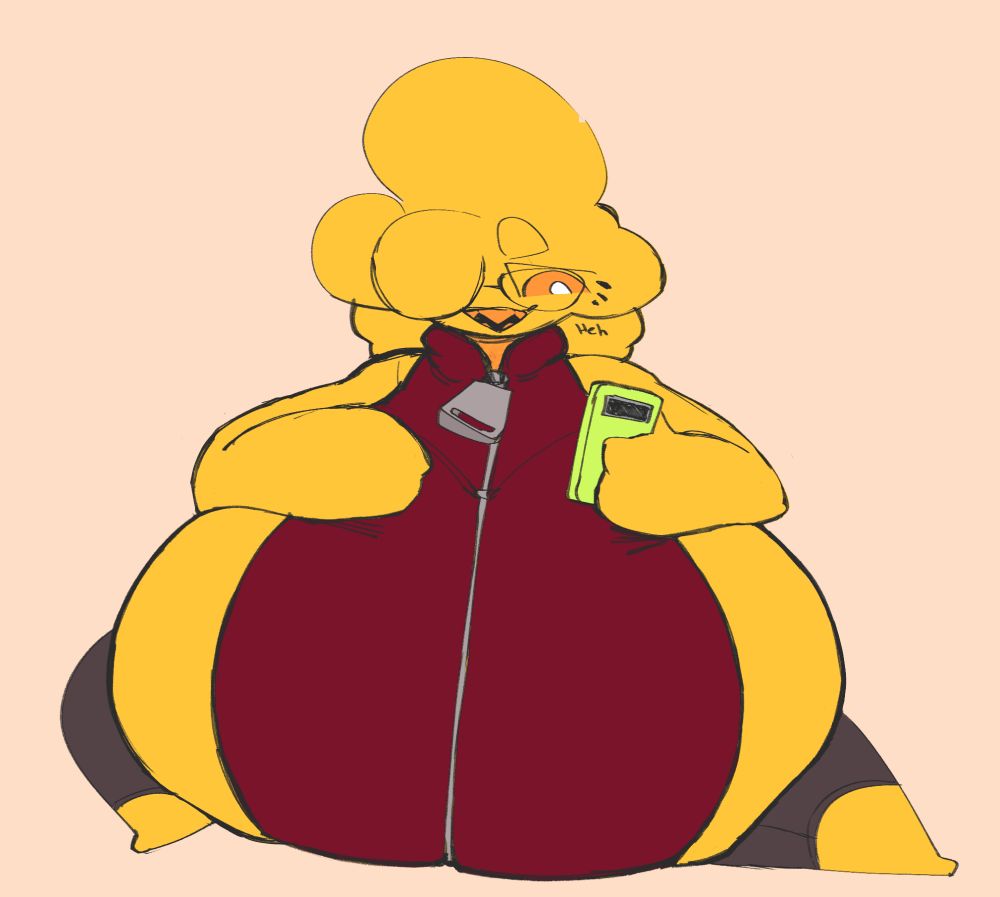 mustard is sitting on the floor, arms over her bust, laughing at something on her phone in her hand. her boobs are big enough to cover most of her body. wearing a zip up unitard with a cartoonishly large zipper tag around the neck