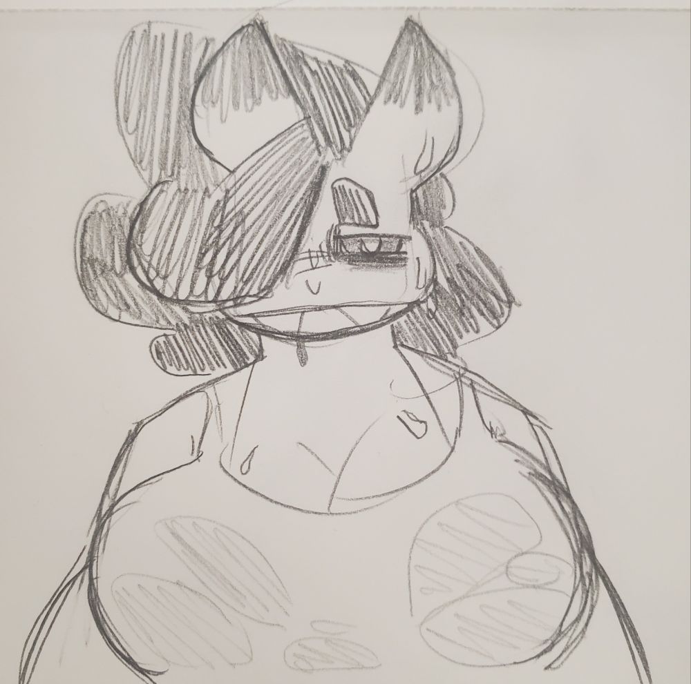 pencil sketch of geck sweating through her shirt