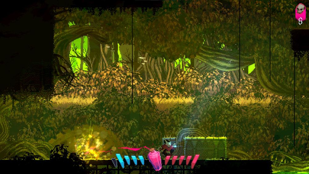 A toxic neon lime green forest with dark brown leaves and trees and vines.