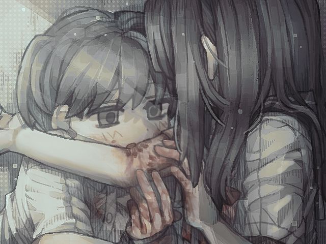 A painted scene in a beautiful semi-realistic anime style of a young boy with holding his mouth to a young girl's bloodied arm. She's holding it up for him. Their hands and shirts are smudged with blood as well.