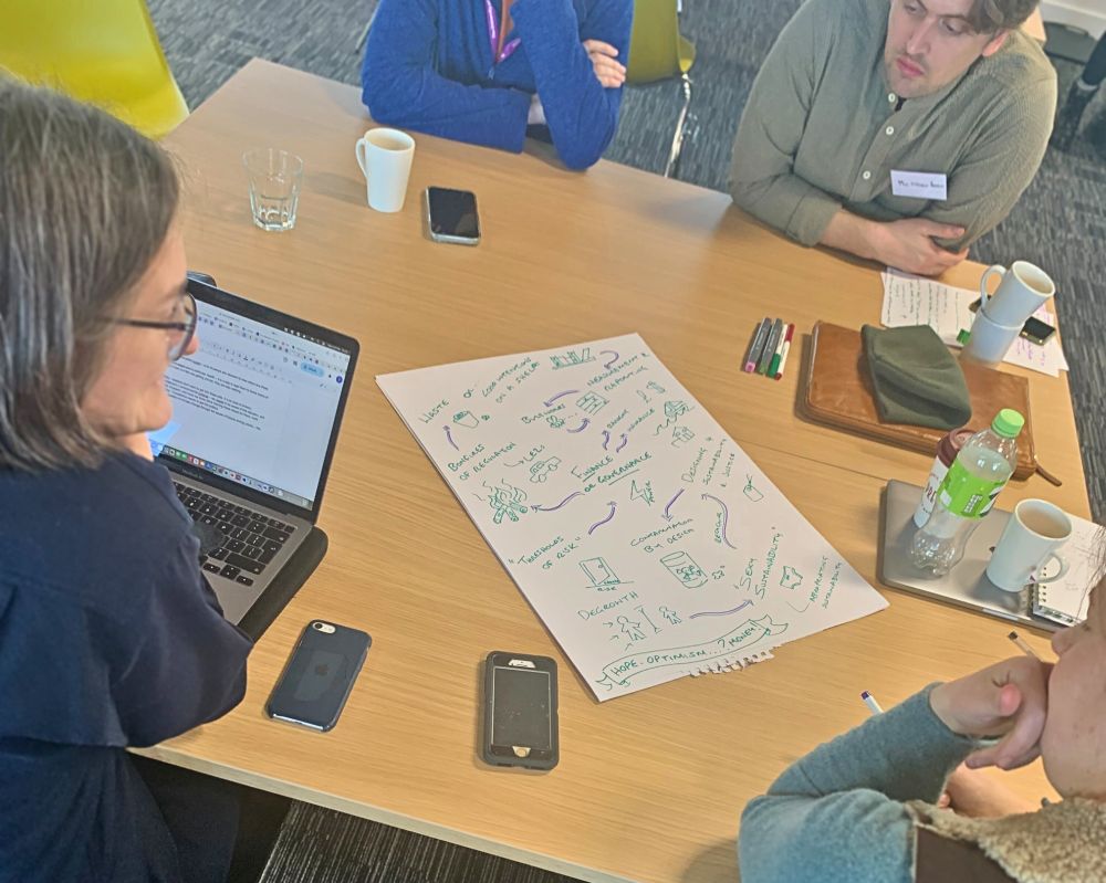 A group of people sat at a table discussing in front of a paper with blue and green drawings
