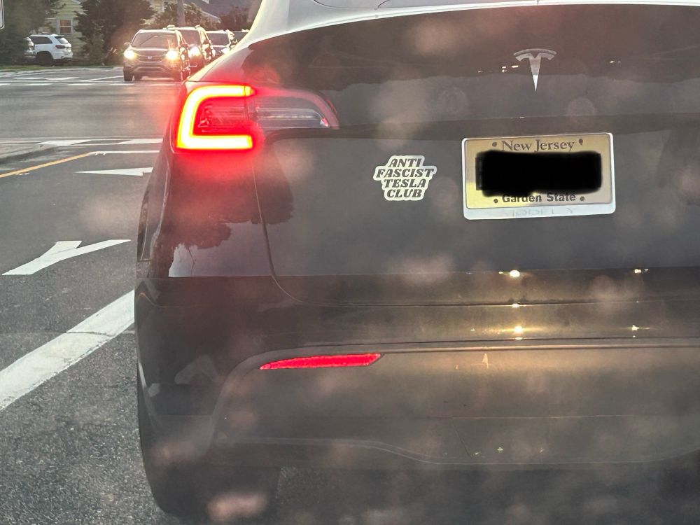 A picture of a Tesla with a magnet that reads, “Anti Fascist Tesla Club