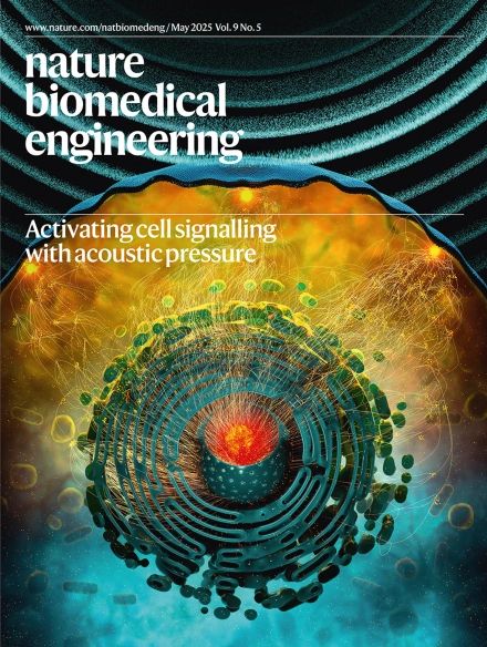 cover of the nature biomedical engineering scientific journal illustrating the activation of cell signalling using acoustic pressure