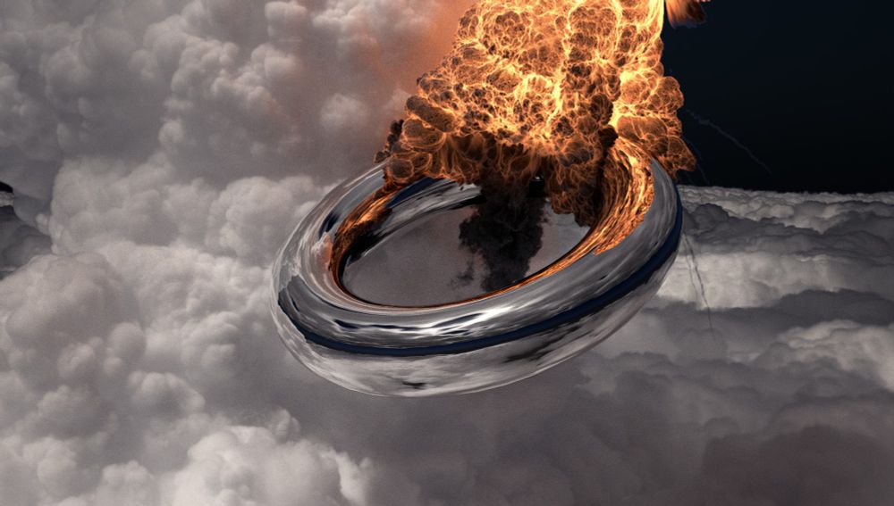 A close-up view of a flying metallic torus surrounded by clouds underwent an explosion
