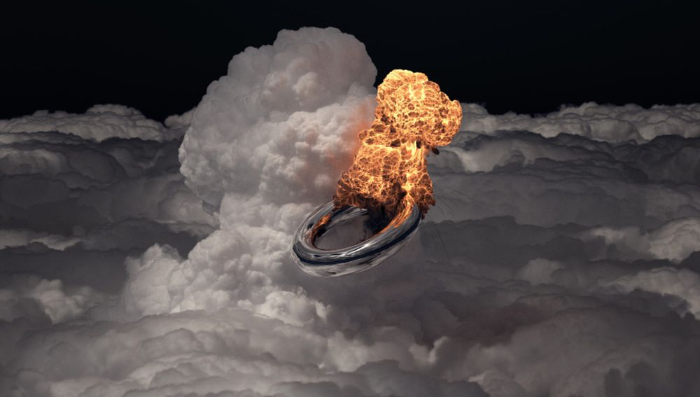Wide view of a flying metallic torus surrounded by clouds underwent an explosion