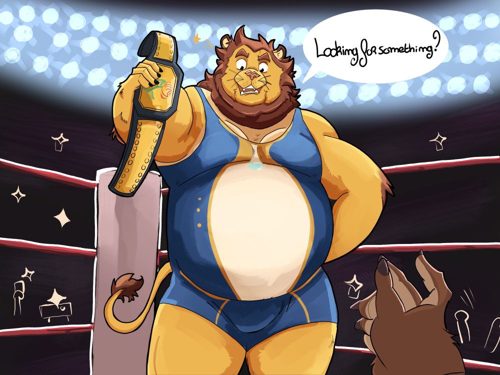 A lion catcher in a singlet is holding a belt and taunting an opponent on the ring, a hand is about to snap at him...