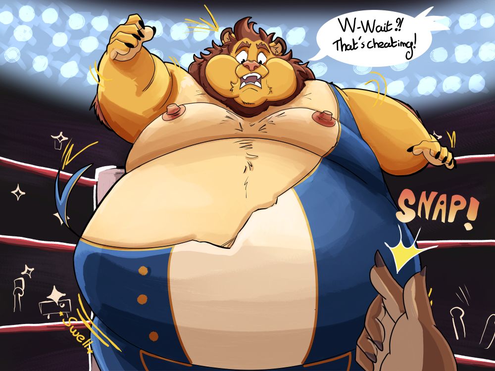 The hand has snapped, the lion is now way bigger, the singlet is snapping