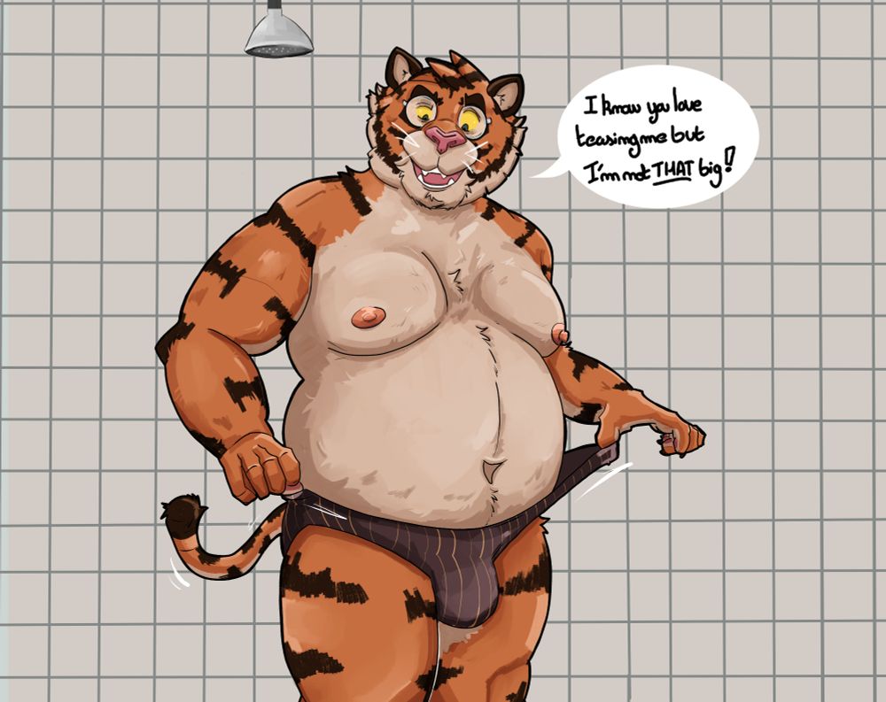 Illustration of an anthro tiger in a shower stall, he is streching an underwear that feels very large for his size