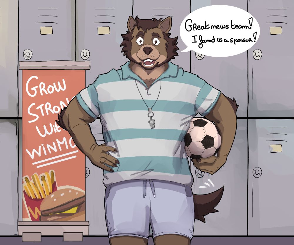 A football coach anthro is announcing to the team that they got a new sponsor , a standee is near him