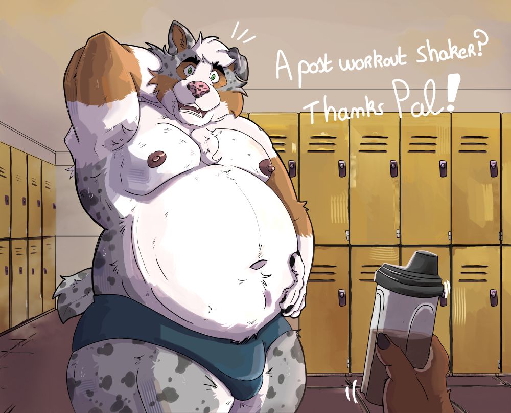 An illustration of an anthro dog in locker room, sweating, he is being handed a shaker, thanking the person giving him said shaker.