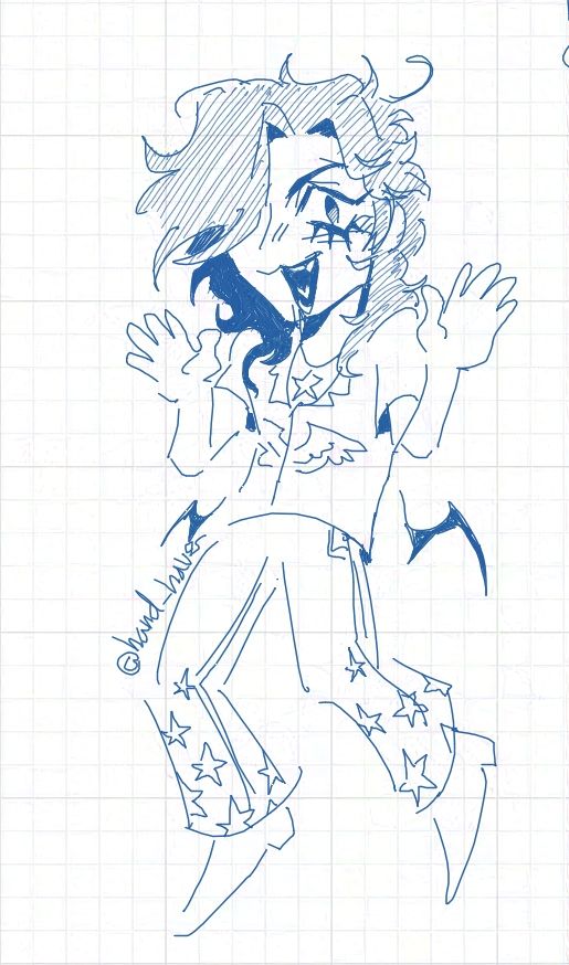 A drawing of my oc, Gabriel, but chibified. 
He has a happy and cheeky expression on his face, and has his hands lifted in the air.
He's wearing a short sleeved shirt, with wings on it, a star necklace, and flared pants with stars on them.