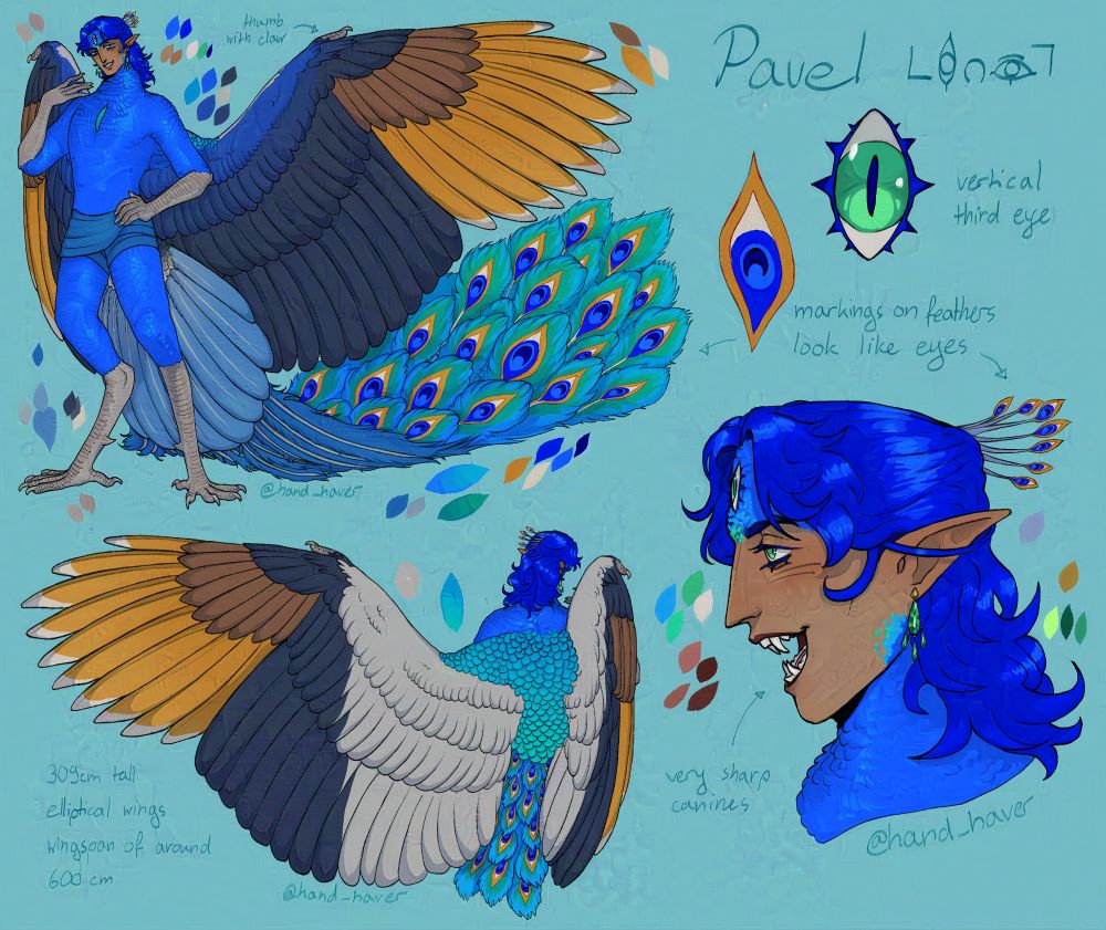 Pavel's reference sheet. 
He's based on a blue indian peacock.
His plumage is primarily blue, though there are pops of green, orange, black and white.
His eyes are green, his third eye is vertical.