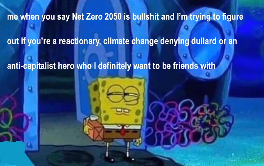 SpongeBob squarepants looking suspicious with the text "me when you say Net Zero 2050 is bullshit and I’m trying to figure 
out if you’re a reactionary, climate change denying dullard or an 
anti-capitalist hero who I definitely want to be friends with"