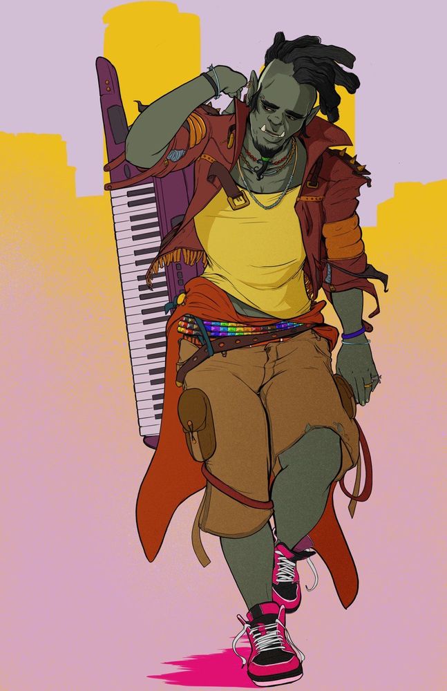 An orc man with questionable fashion sense walking along with a key tar 