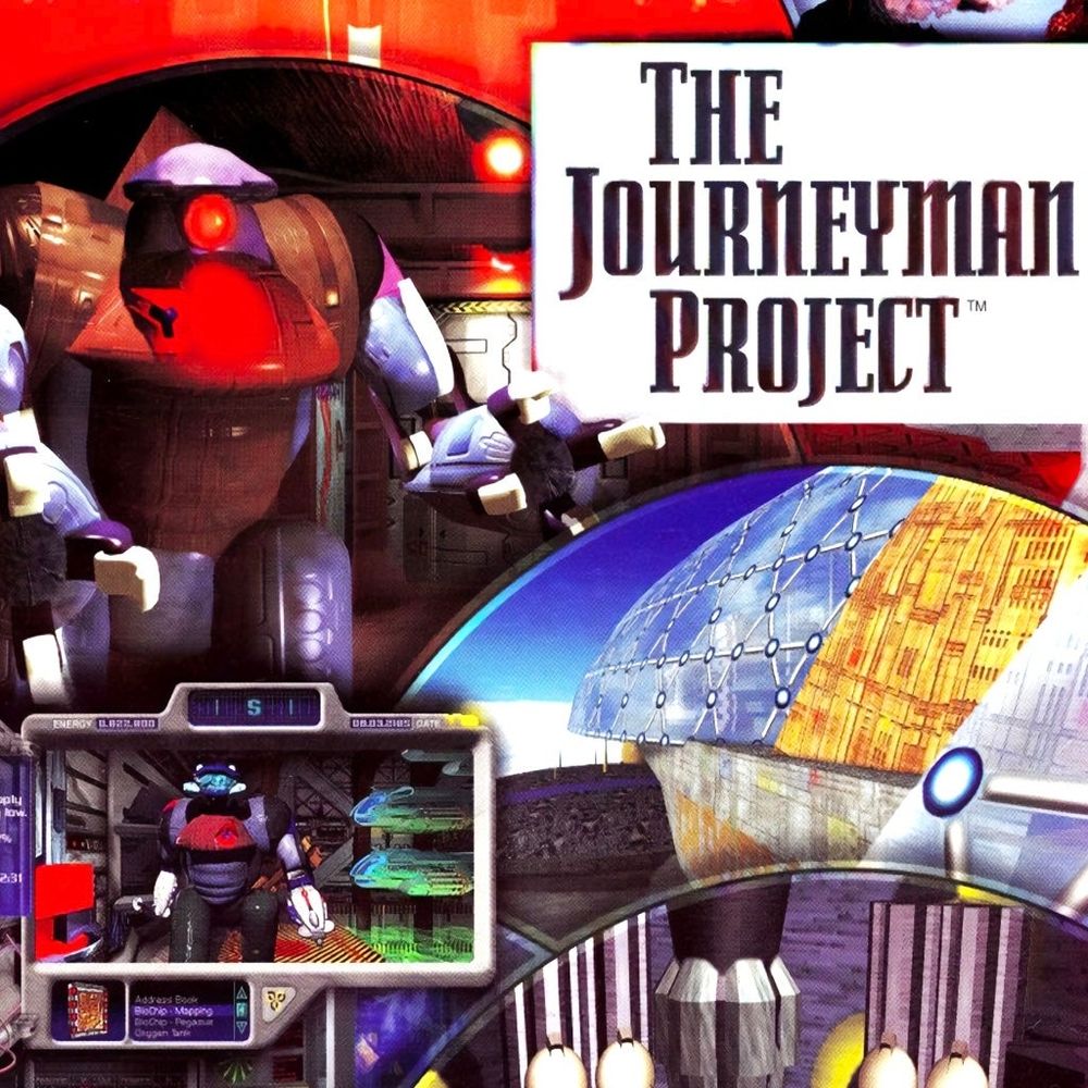 The box cover of The Journeyman Project, a sci-fi first person adventure game that one might call Myst-like - except the original version predates Myst by half a year. The cover features a couple of threatening robots and a floating dome city.