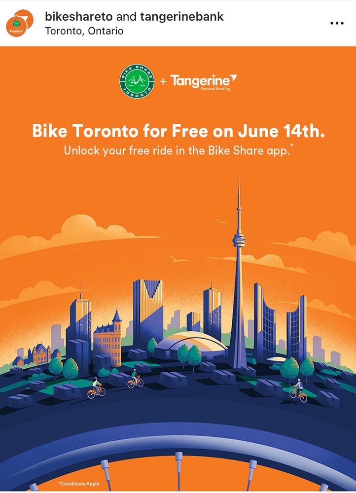 Image of Downtown Toronto on top of Bicycle Wheel

 Toronto, Ontario
+ TangerineY
word Borking
Bike Toronto for Free on June 14th.
Unlock your free ride in the Bike Share app.*