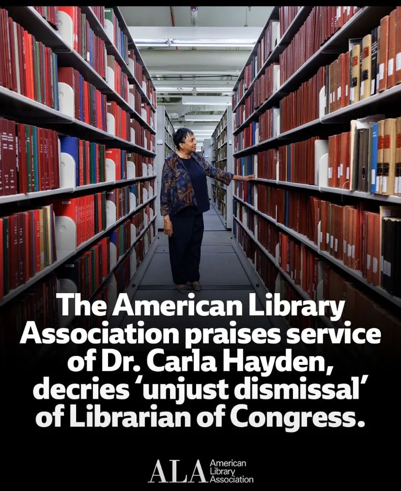 Image of Dr. Carla Hayden in the stacks

The American Library Association praises service of Dr. Carla Hayden, decries 'unjust dismissal of Librarian o Congress"