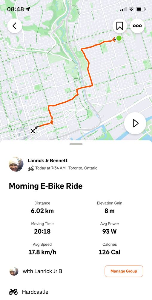 A map of my route to work Morning E-Bike Ride Distance 6.02 km Moving Time 20:18 Avg Speed 17.8 km/h Elevation Gain 8 m Avg Power 93 W Calories 126 Cal with Lanrick Jr B and Hardcastle