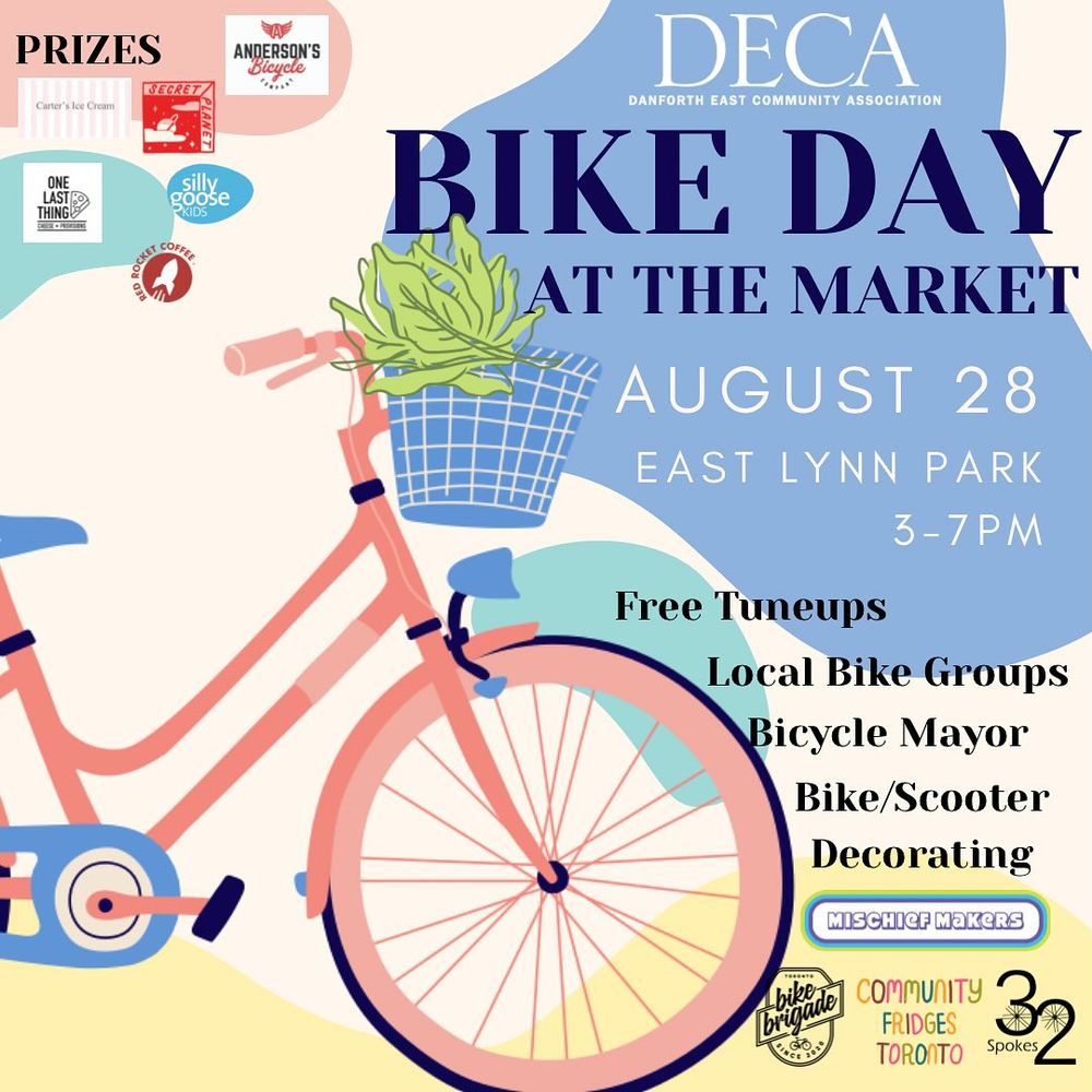 Image of a pink bike with a blue basket DECA Danforth East Community Asscoiation Bike Day At The Market August 28th East Lynn Park 3-7pm Free Tuneups Local Bike Group Bicycle Mayor Bike/Scooter Decorating 