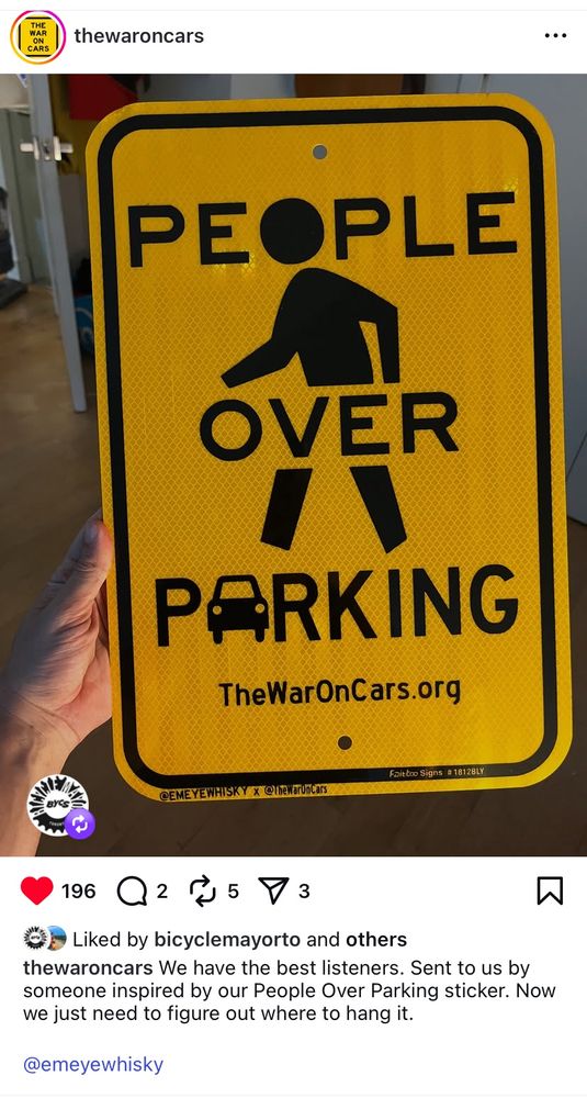PEOPLE OVER PARKING Liked by bicyclemayorto and others thewaroncars We have the best listeners. Sent to us by someone inspired by our People Over Parking sticker. Now we just need to figure out where to hang it. @emeyewhisky