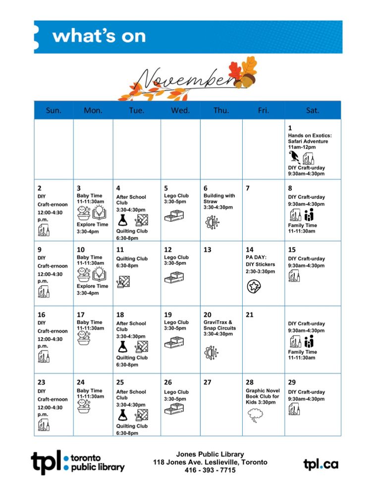A calendar of different events at Jone Av library 