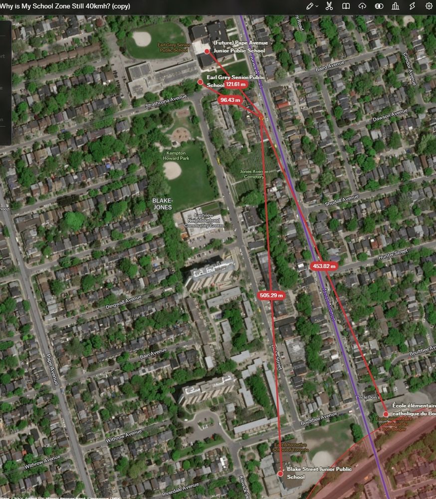 Image of a mpa of Toronto with pinned red circles showing different schools and red line telling you different distances from my house