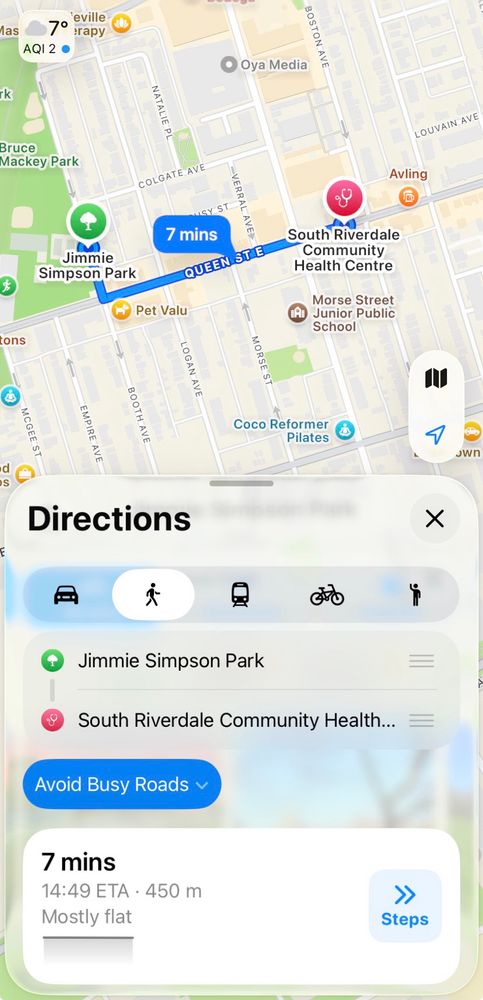 Image of Apple Map highlighting walk distance from Jimmie Simpson Park to South Riverdale Community Health Centre