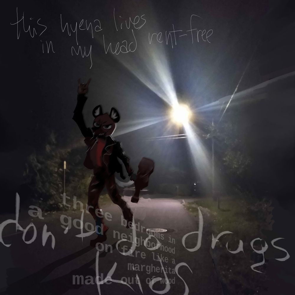 A digitally-edited photograph of a blurry road, taken at night. A lamp in the background fires off beams of light. In the foreground, Haida from Aggretsuko is painted, mid-stride, swinging his bass guitar's case behind him. Several statements are written over the image: "this hyena lives in my head rent-free"; "don't do drugs kids"; and "three bedrooms in a good neighborhood / on fire like a margherita made out of wood" (lyrics to the Death Grips song "Three Bedrooms in a Good Neighborhood").