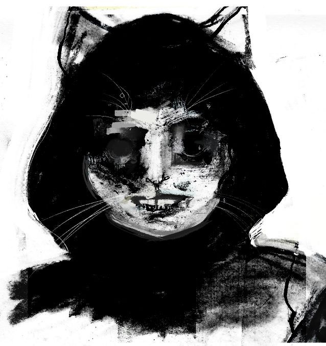 A mixed-media charcoal drawing of an uncannily-rendered anthropomorphic feline. The drawing appears to be a recreation from a set of remains in the custody of law enforcement. The implication is that Turk has suffered a "game over", with his body, as of yet, unidentified.
