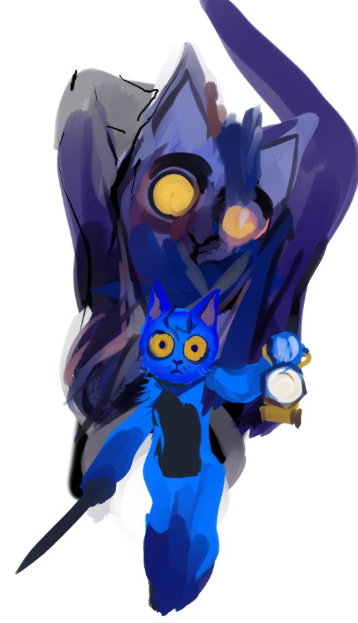 An unfinished digital painting of an anthropomorphic blue cat named Turk. Turk stands, fearful, before a surreal visage of himself. In his hands are a lantern and a sword.