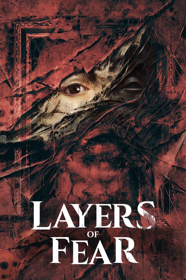 The cover art for the video game Layers of Fear (2023). The image features a face obscured by some sort of fabric over a frame. The game's logo appears at the bottom reading "Layers of Fear." The image overall is creepy and colored with a drab red.