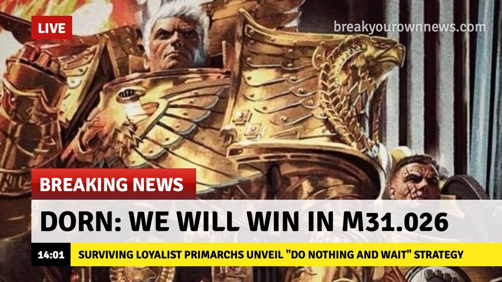 A Breaking News graphic depicting Rogal Dorn of the Imperial Fists, and the caption, "DORN: We Will Win in M31.026" and "Surviving loyalist primarchs unveil "do nothing and wait" strategy" 