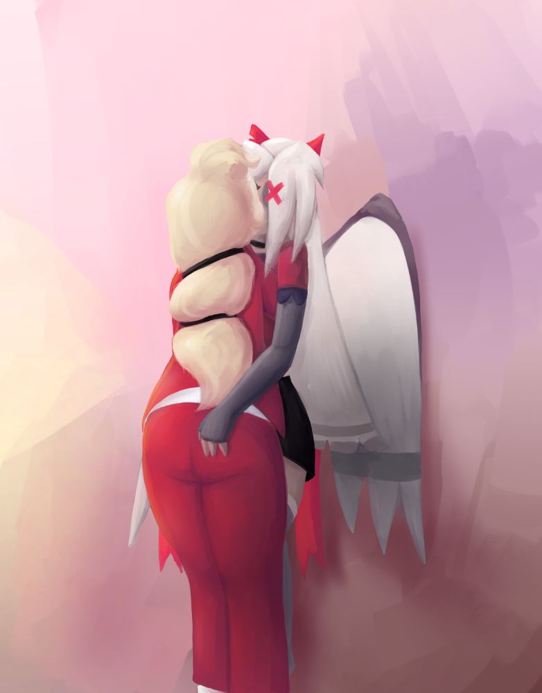 A painting of Charlie and Vaggie making out. Charlie is leaning into Vaggie who is up against a wall. Vaggie's left hand is resting on Charlie's butt.