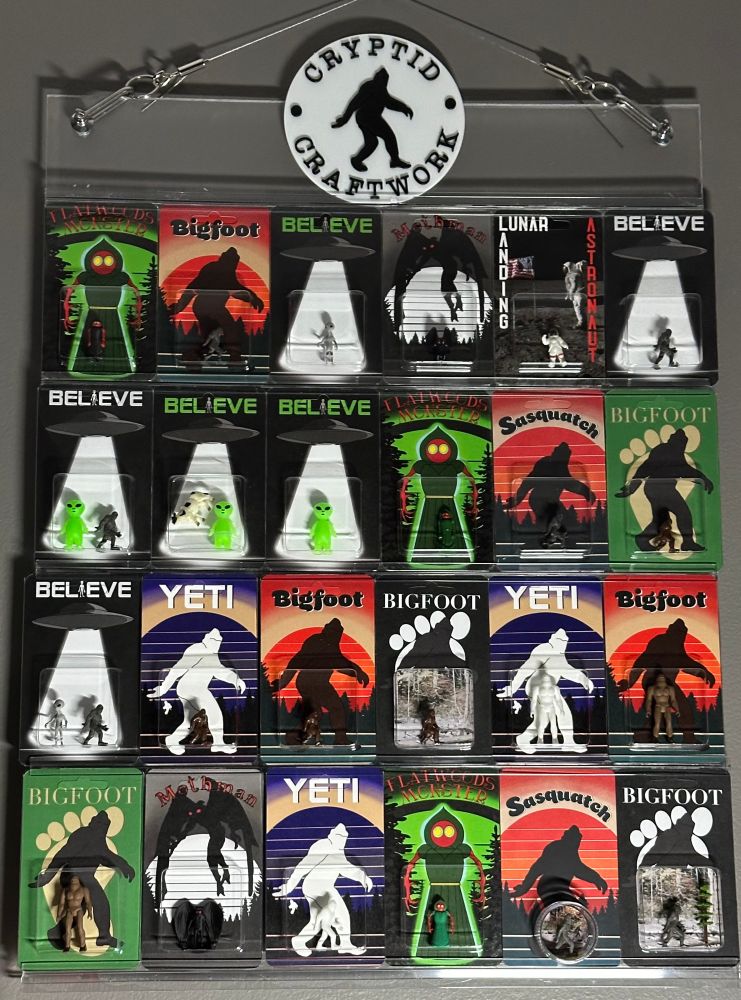 Acrylic display for miniature 3x5 custom carded Cryptid Craftwork figures.
