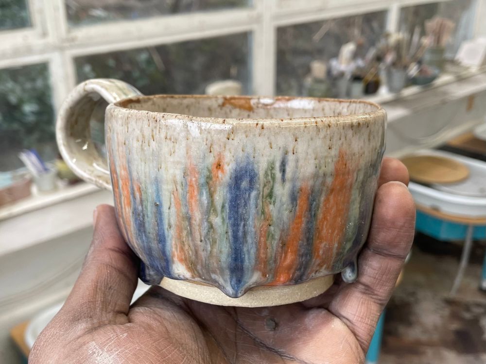 stoneware mug with multicoloured confetti style glazing (after firing)