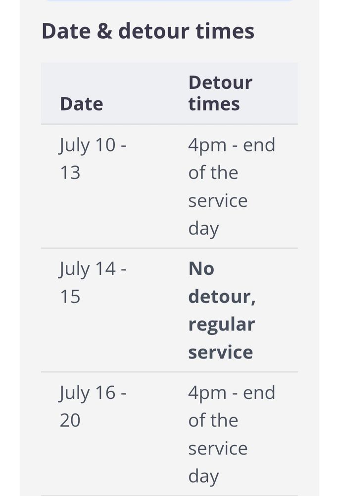 Website showing detour date and times for bus stop 5742