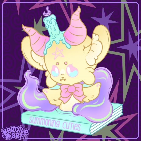 A yellow baphomet with pink horns named Babs.