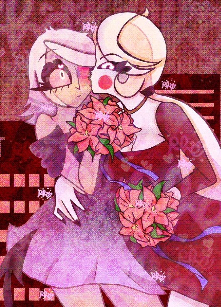 Charlie kissing Vaggie on the cheek, both are wearing pretty dresses and holding red flowers. Vaggie is blushing but you probably can't see it.