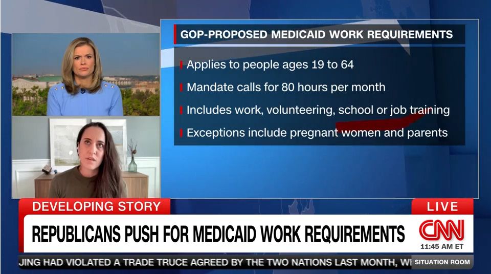 Screenshot of CNN interview with Adrianna McIntyre - headline reads: Republicans push for Medicaid work requirements