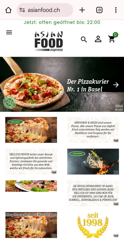 Screenshot of AsianFood.ch, with pictures of delicious pizza's