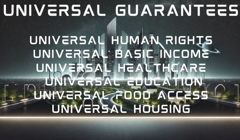 Universal Guarantees:

Universal Human Rights 
Universal Basic Income
Universal Healthcare 
Universal Education
Universal Food Access 
Universal Housing