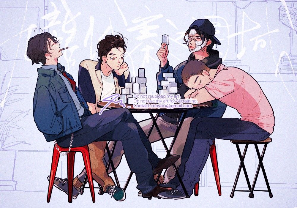 トワイライトウォリアーズ（九龍城寨之圍城）のファンアート。くたびれた様子で丸テーブルを囲んでいる四少。テーブルの上には麻雀牌が乱雑に積まれている。