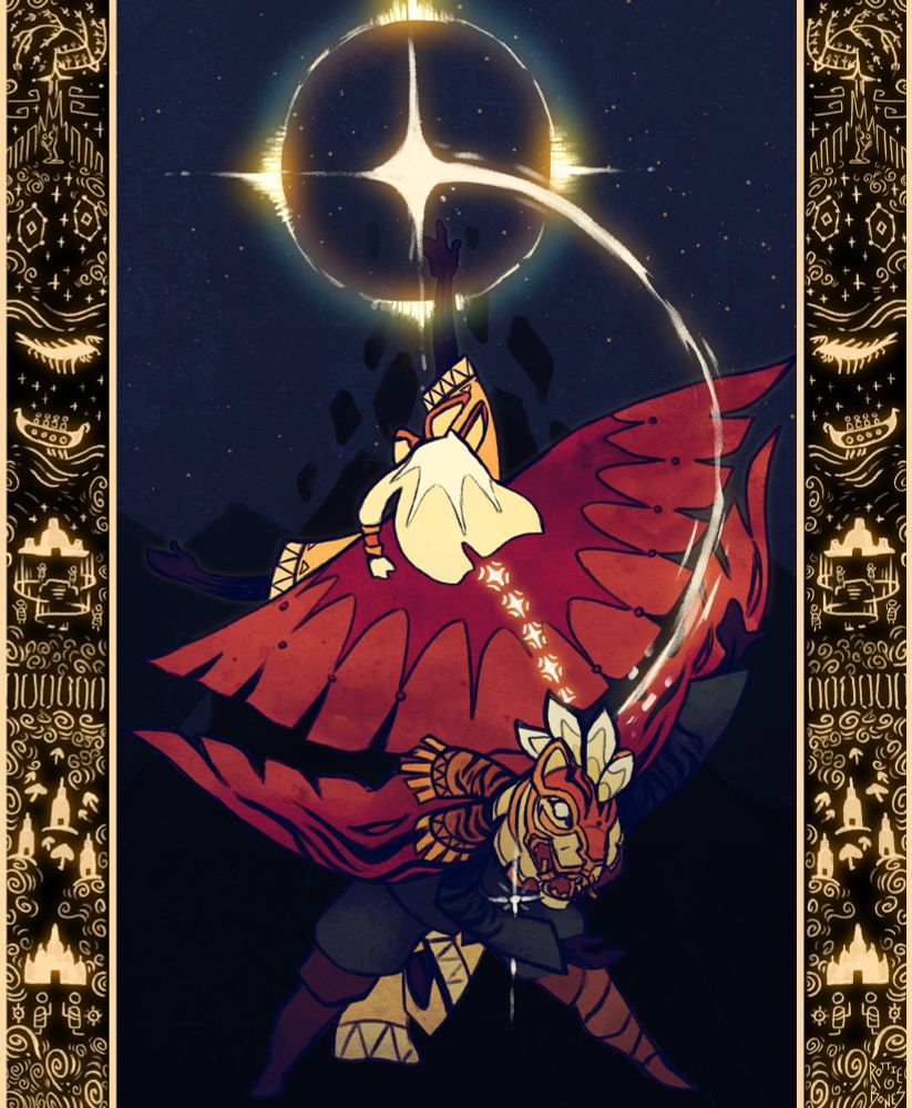 Two player characters from Sky: Children of the Light stand back to back. The front facing character wears a tiger mask and a red cape with tiger stripes. The tiger-masked character is bowing, a glimmering star visible on their chest. The character facing away from the viewer is in a rabbit mask, mostly obscured by their long white hair. The rabbit-masked character also wears a red cape, obscuring most of their body spare for their arms. An arc of light sweeps upwards from the tiger-masked character and into a glowing star high above the rabbit-masked character's head, who is seen reaching upwards as if to grasp it. The background is dark with shards of black rock similar to those seen in Sky's Eden zone. The border on either side of the illustration is a highly detailed scroll of glyphs in the style of Sky's in-game world map, representing each of SKY:COTL's 7 key regions in the main story loop. 