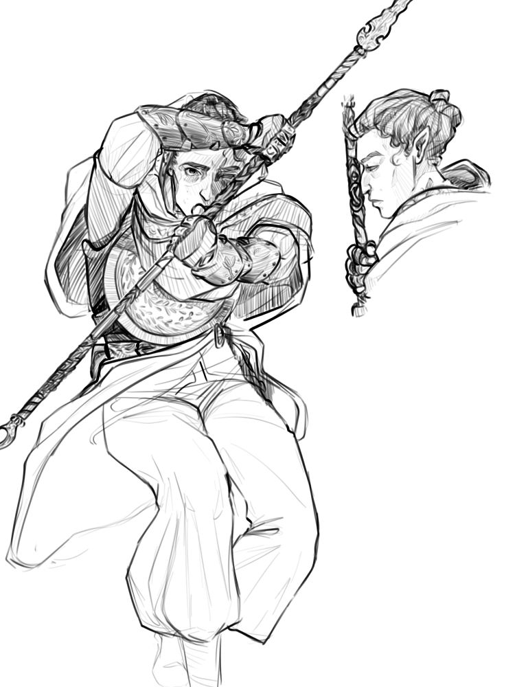 A rough digital black and white sketch of a woman half-crouched with an intricately carved spear held out across her body, halfway obscuring her face. She wears baggy pants, a flowing fabric at her hips, a circular breastplate carved with concentric circles of leafy vines, leather arm bracers also patterned with leafy vines, leather gloves, and a loose hood. She has one eye, which stares down the viewer. Beside the sketch is a bust of the same woman in profile, head leaning against the shaft of the spear. She has a strong hooked nose, pointed ears, and thick wavy black hair pulled into a bun. Her missing eye is shown, half lidded, and a leaf tattoo pokes out on her neck.