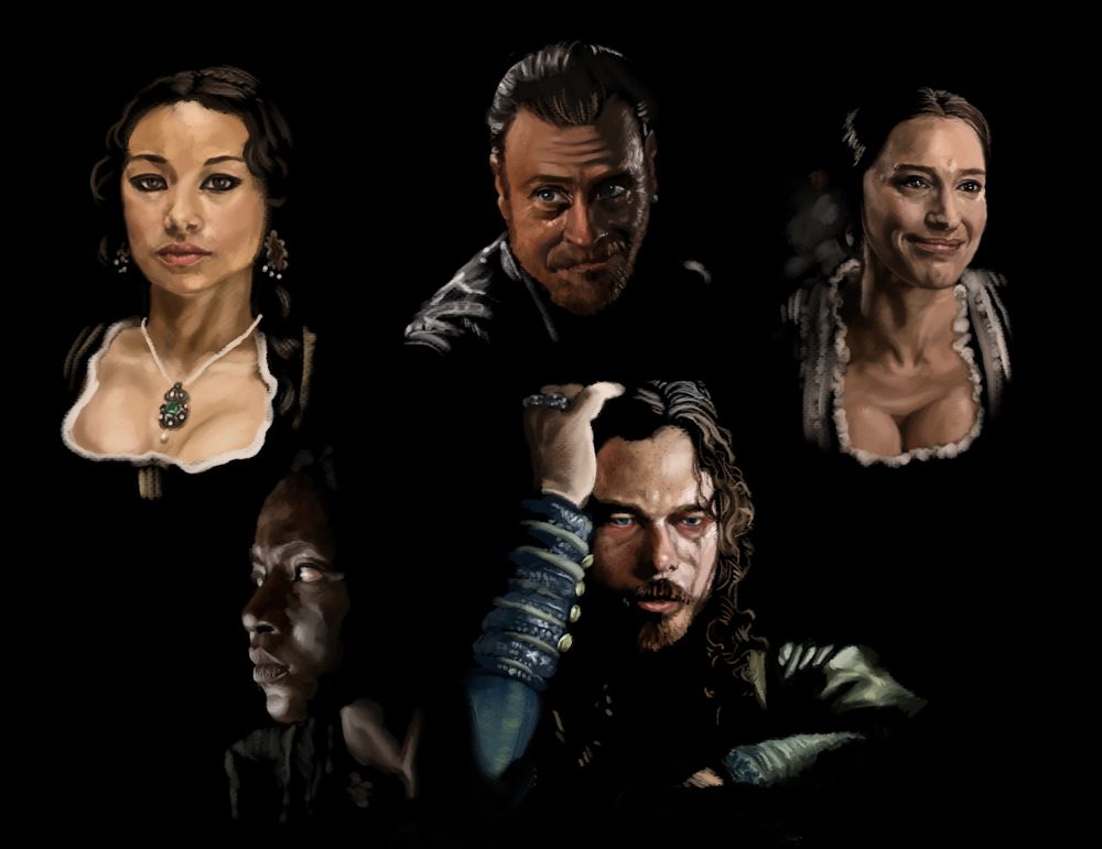 Digital oil paint sketches of Max, Flint, Miranda, Madi, and Silver, chiaroscuro on a black background. 