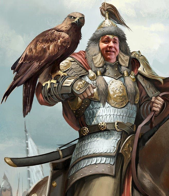 A picture of IL Governor JB Pritzker as Genghis Khan, riding a horse with a falcon on his arm.