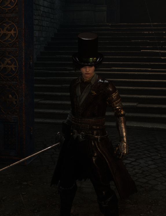 Lies of P protagonist with tophat and sword with some stairs behind him.