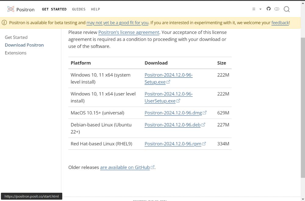 Captura de pantalla de la nueva pagina para bajar la ultima version de Positron, el IDE de Posit para ciencia e ingenieria de datos.