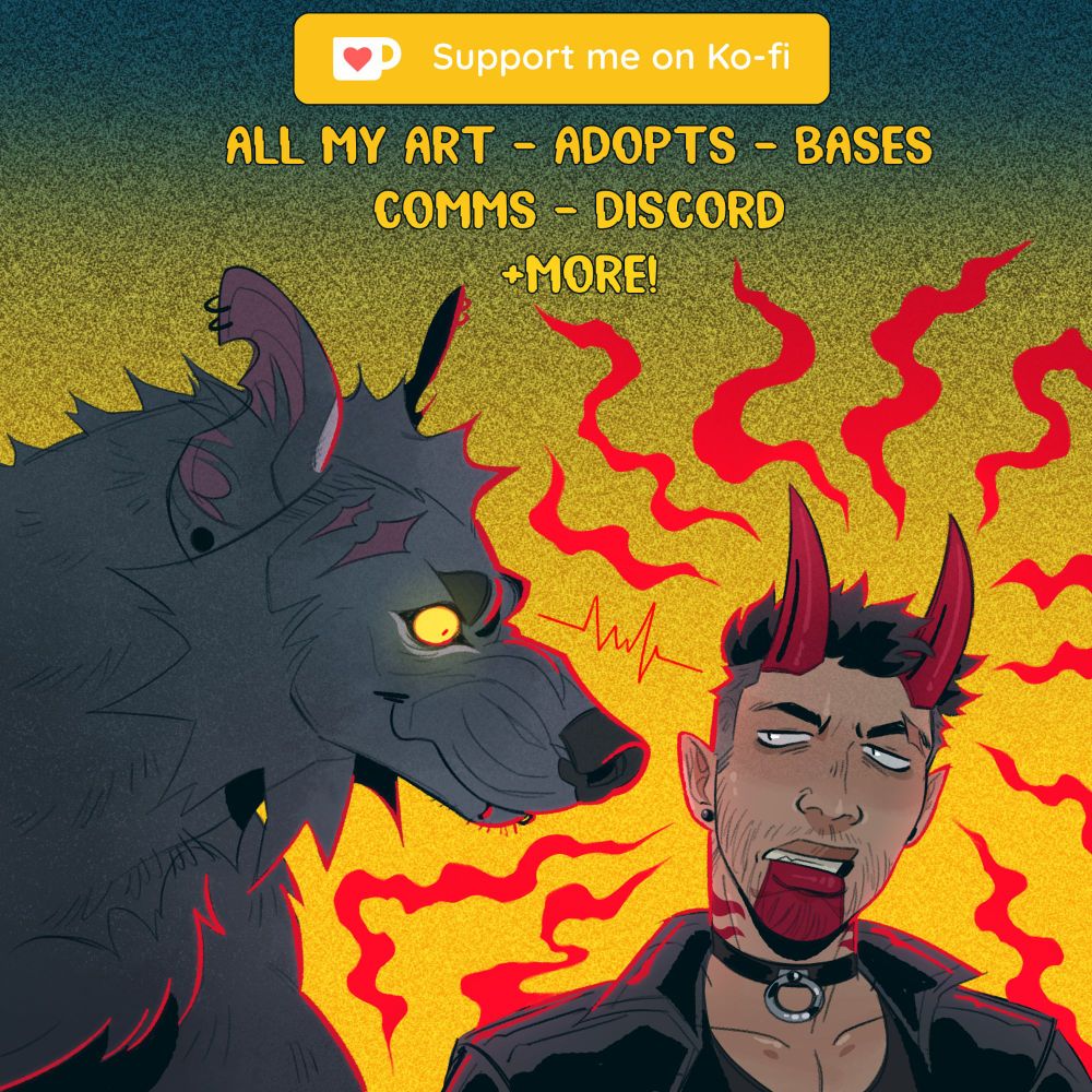 'support me on kofi' banner featuring art of a dark grey werewolf staring obnoxiously at an irritated demon man with short hair, red horns and red tattoos